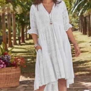 Sundance Size XL Petite Jasmine White Tiered Eyelet Cottage Prairie Farm Dress